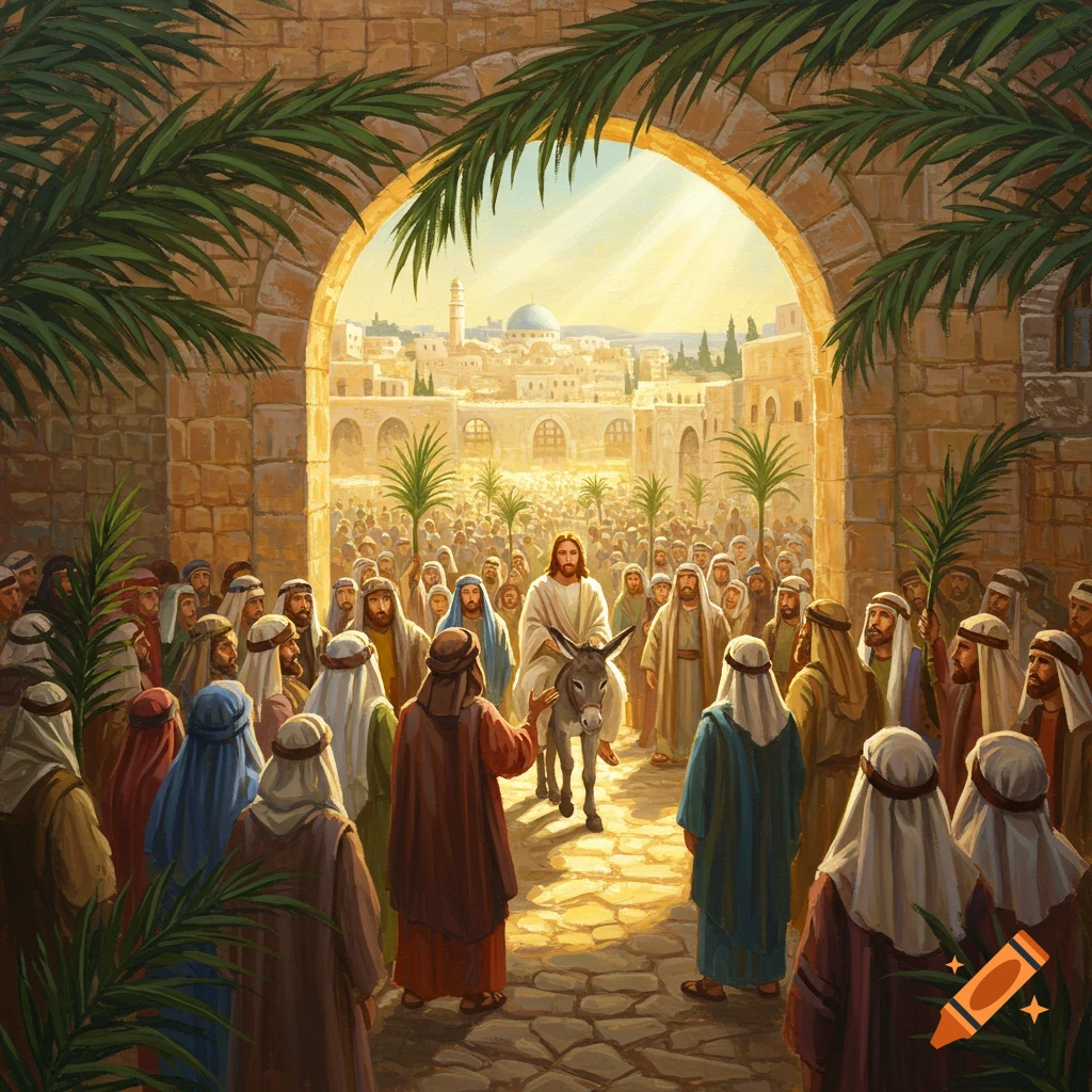 Painting of Jesus riding a donkey into a city gate, surrounded by a crowd with palm branches.