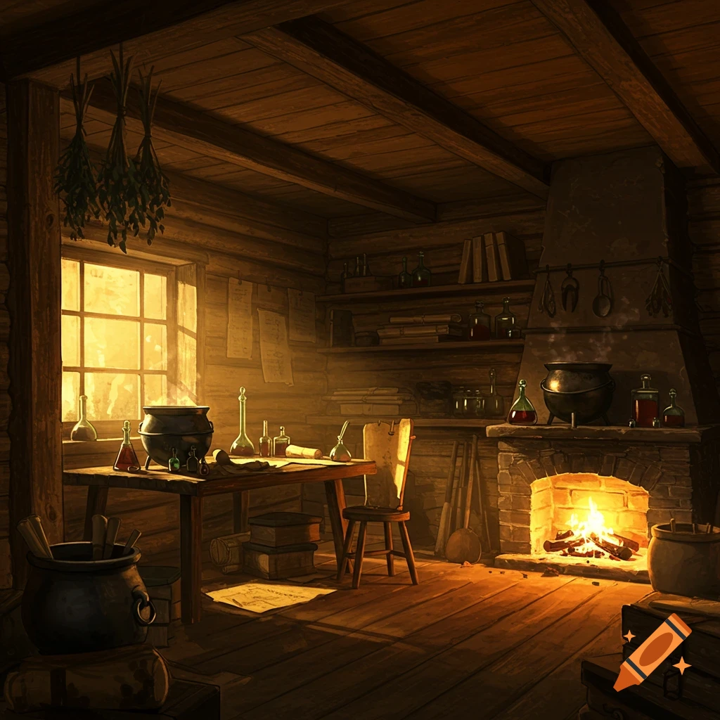 A dusky cabin interior with alchemy supplies and a fireplace