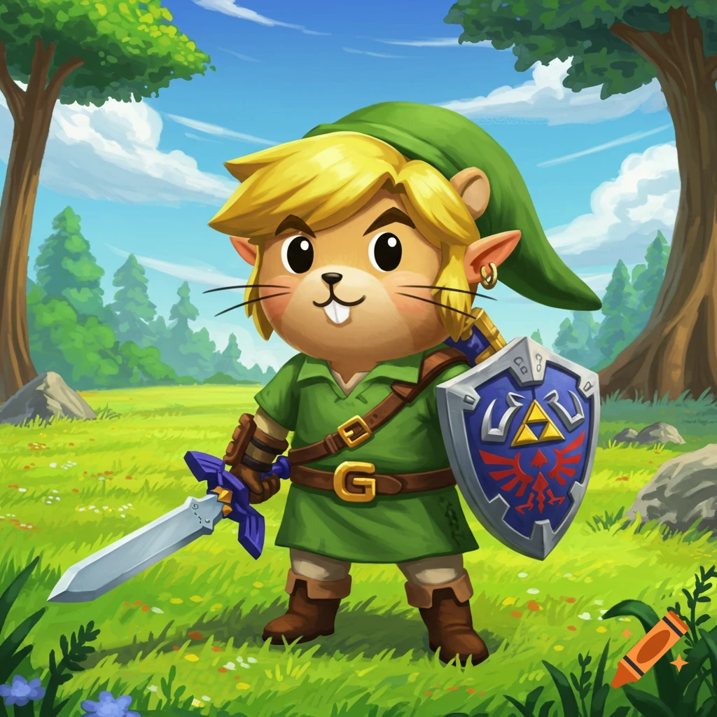 A cute rodent character dressed as Link from Zelda, holding a sword and shield in a grassy field.