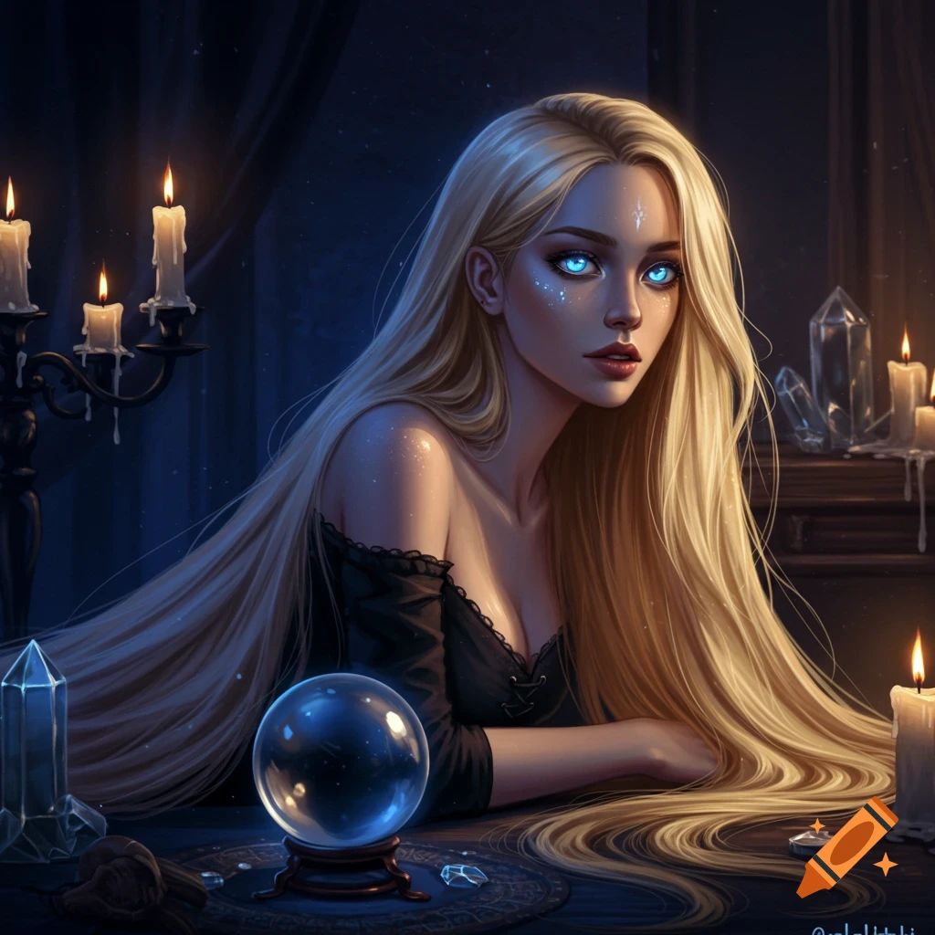 A blond woman with glowing blue eyes, long hair, a crystal ball, and candles.