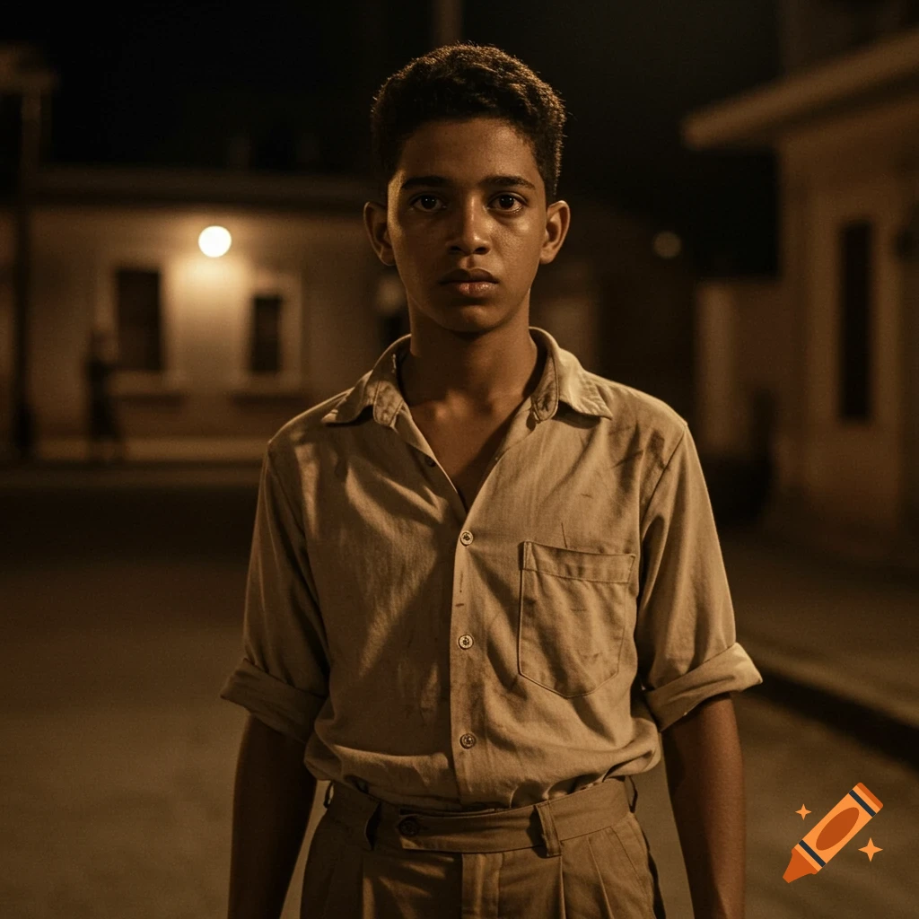 Portrait of a young boy standing on a dark street at night, looking intensely at the camera.