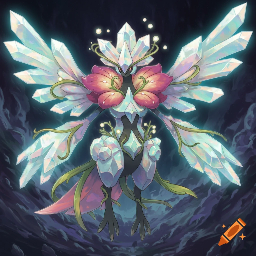 Illustration of a legendary Pok
emon creature made of crystals, flowers, and vines, with large crystalline wings.