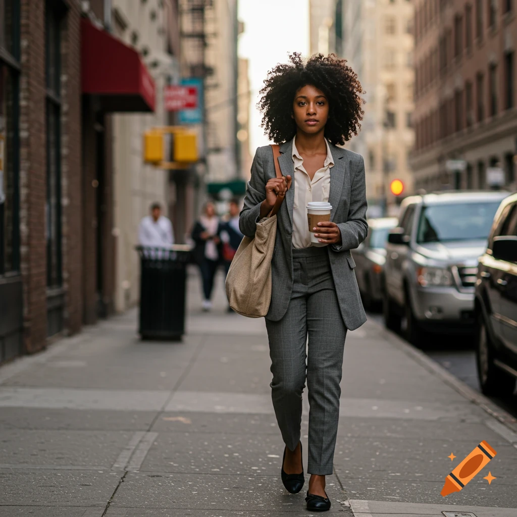 A woman in a suit walks down a city sidewalk carrying a bag and coffee.