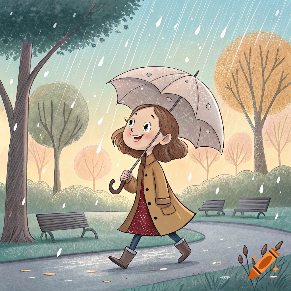 An illustration of a young girl walking in a park in the rain, holding an umbrella.