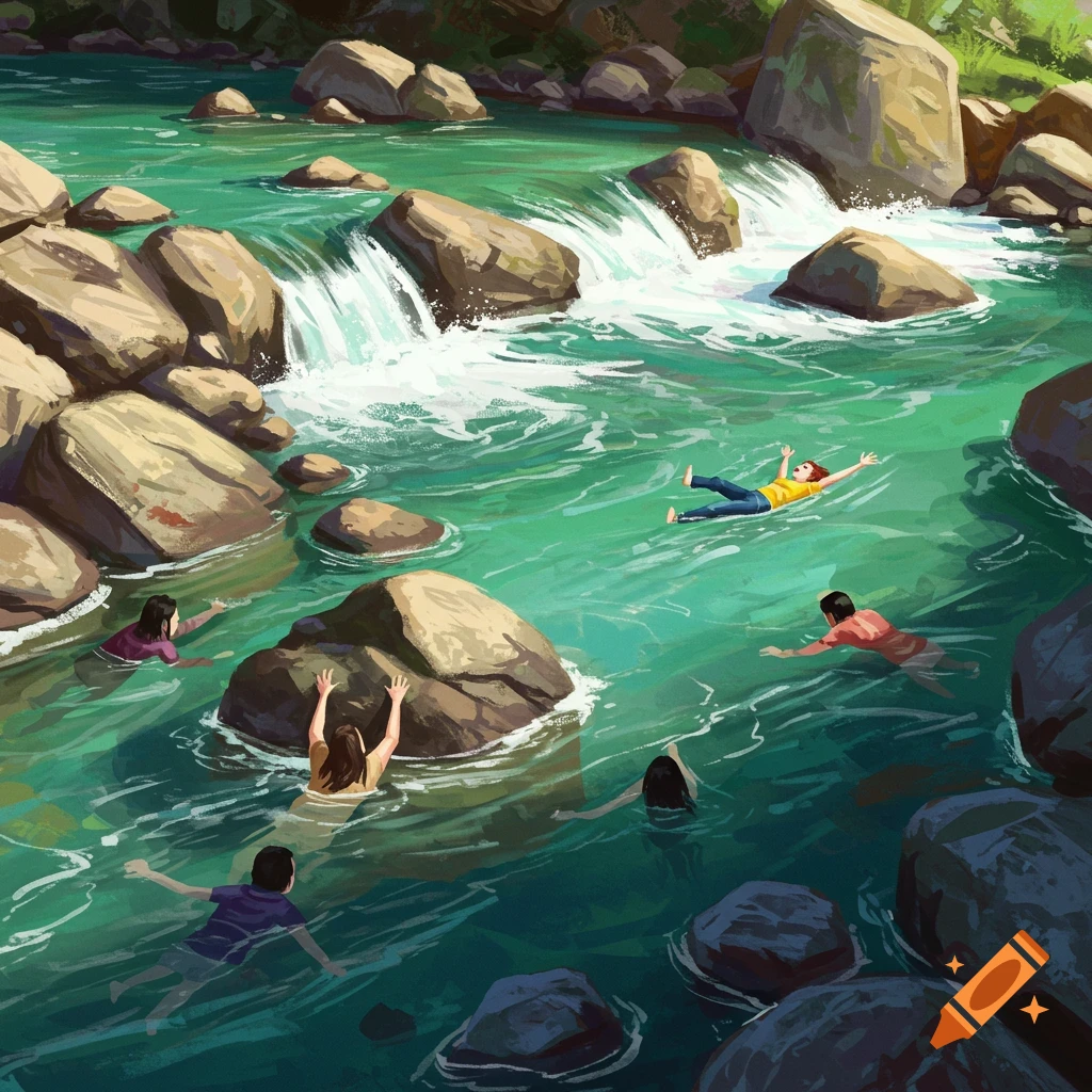 People swimming and holding onto rocks in a turquoise river with waterfalls.