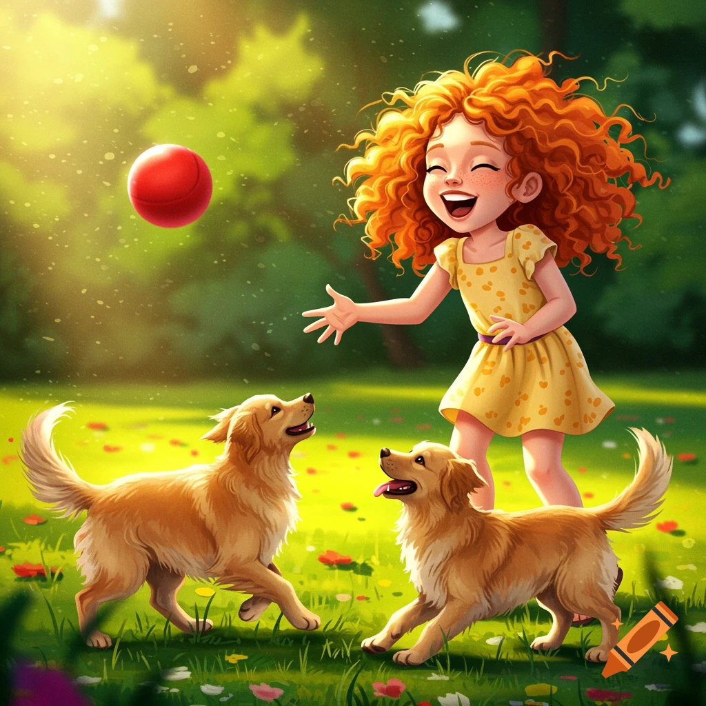 Whimsical image of a girl throwing a red ball for two golden retriever puppies in a sunny park.