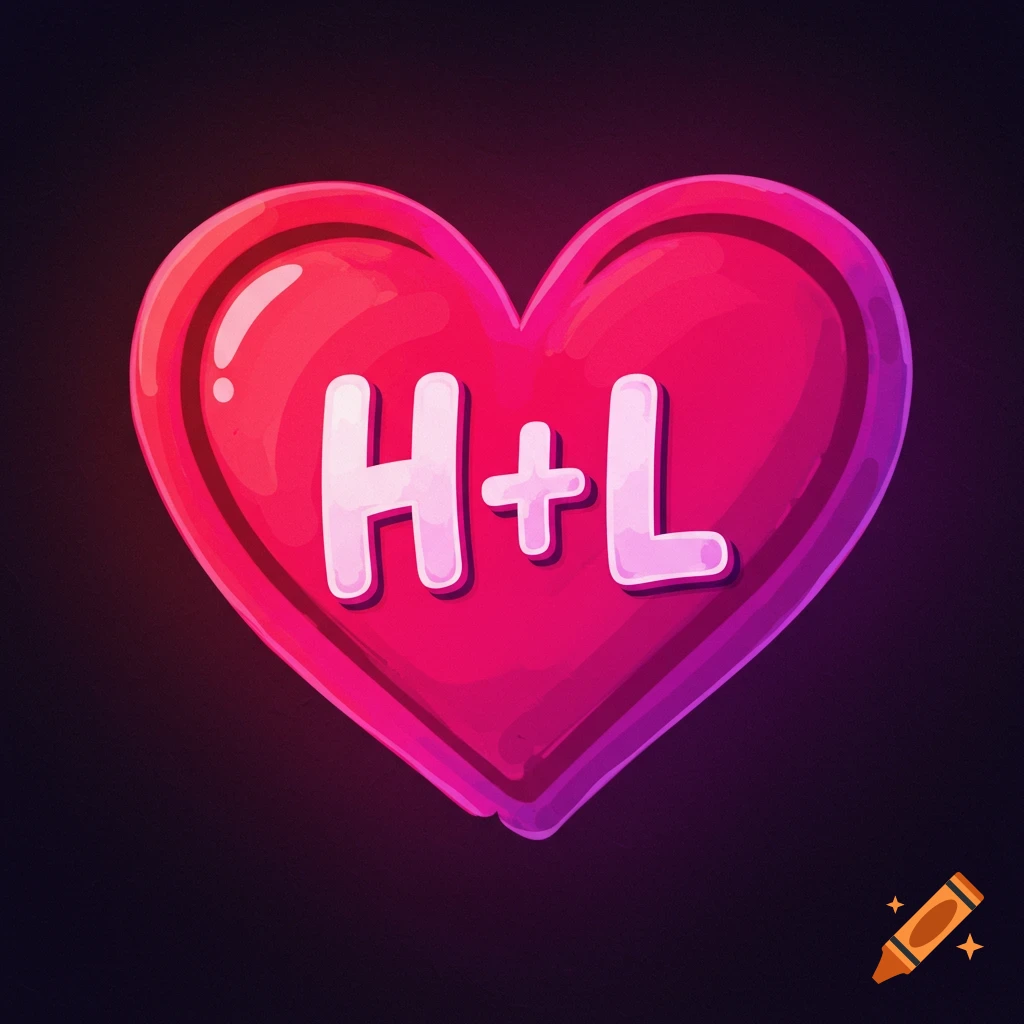 Pink heart with 'H+L' in white letters on a dark background.