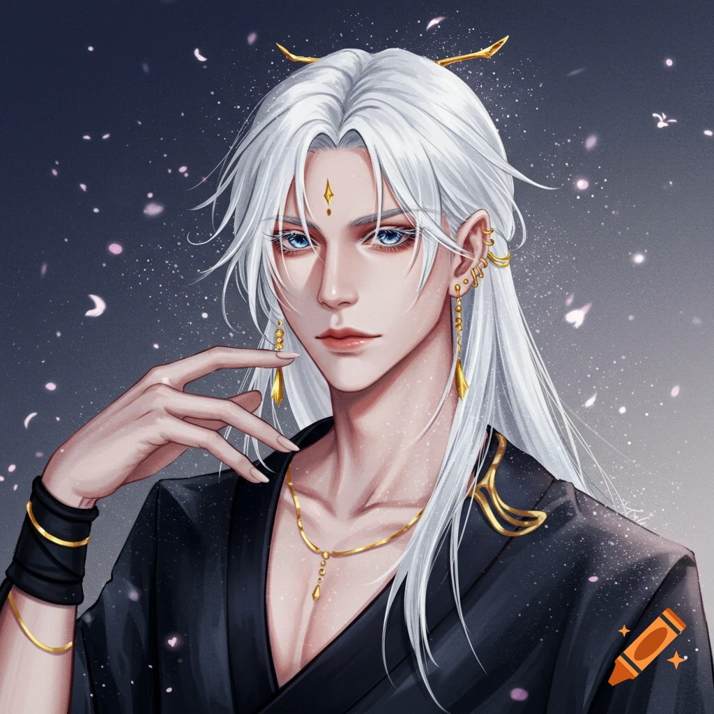 A fantasy man with white hair and gold jewelry.