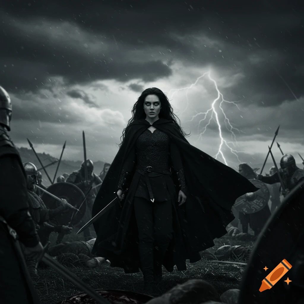 A dark warrior stands in a stormy battlefield with lightning.