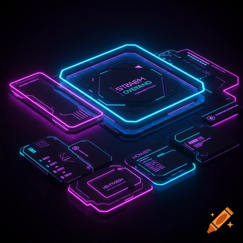Futuristic interface panels with glowing blue and pink neon lights