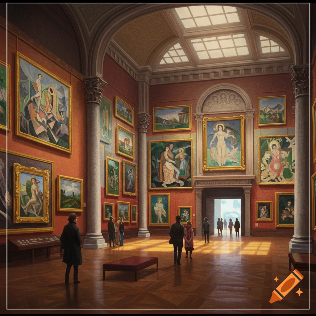 Interior view of an art museum with people looking at various paintings on red walls.