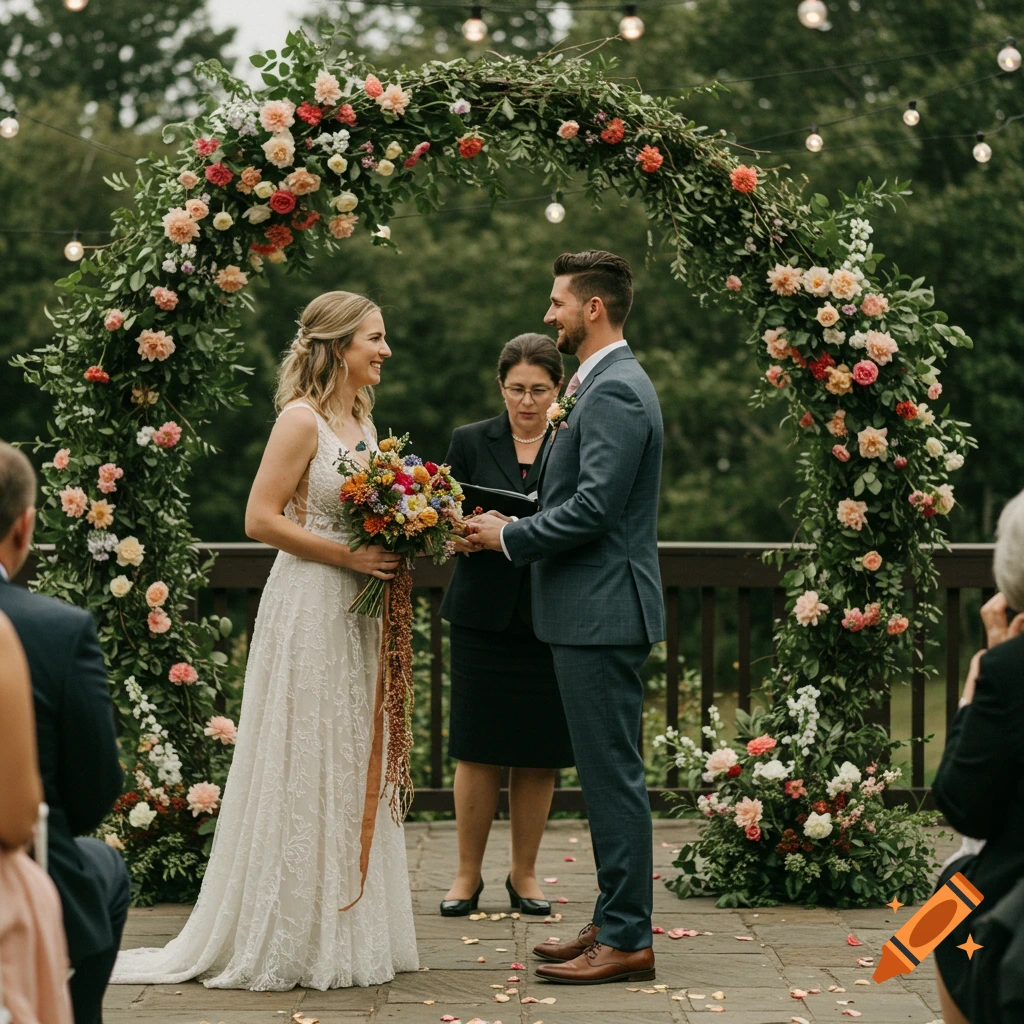 A couple holds hands under a floral arch during their outdoor wedding ceremony.