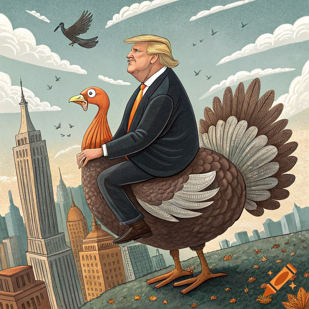 Illustration of a man resembling Donald Trump riding a giant turkey over New York City.