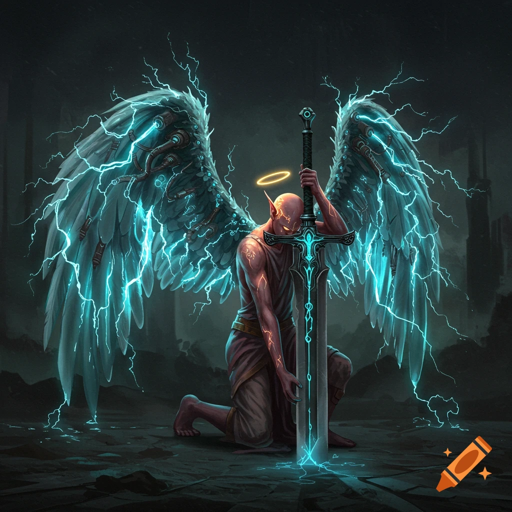 A kneeling figure with glowing electrical wings and a sword leans on the blade in a dark, ruined environment.