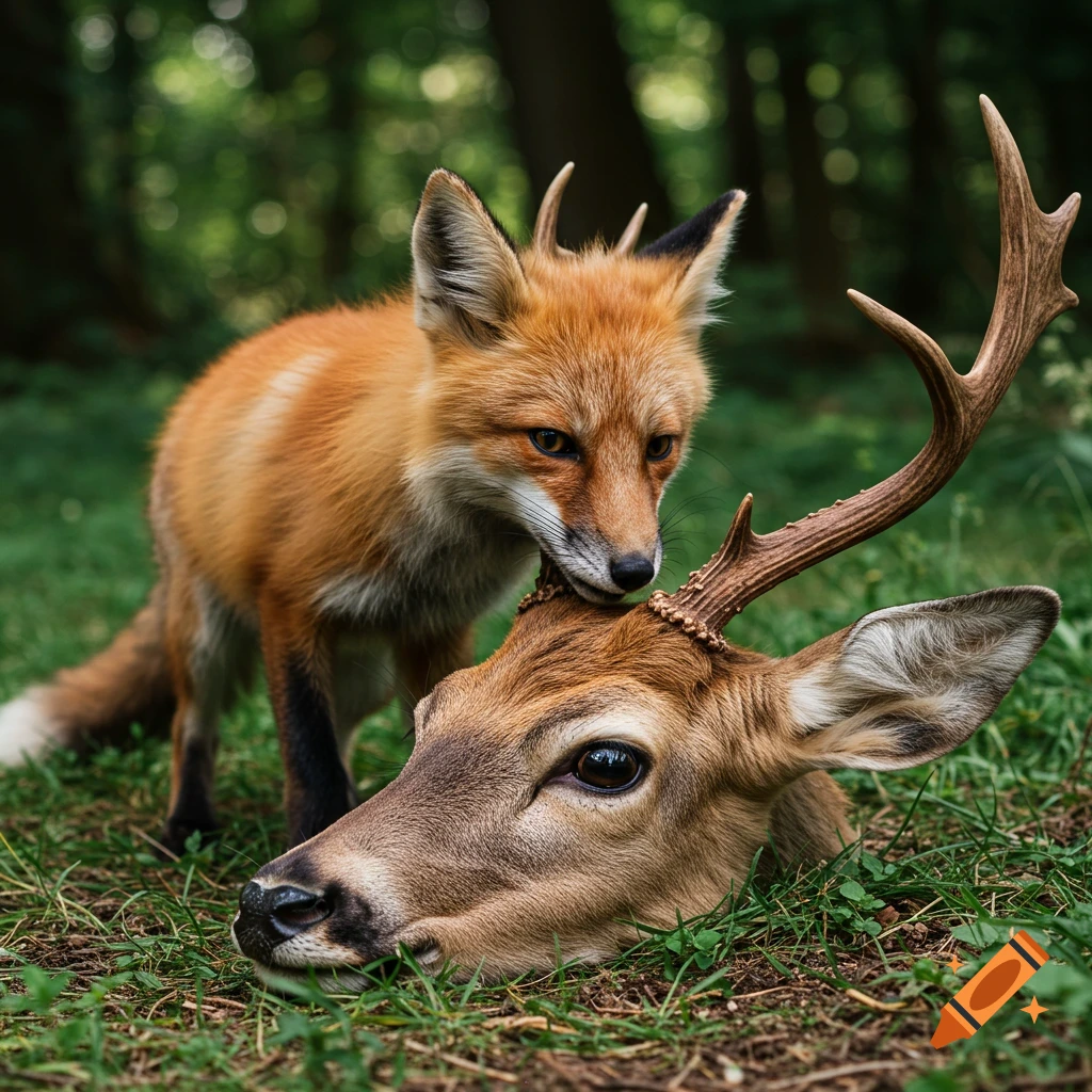 A fox looks at a deer head lying on the ground in a forest.
