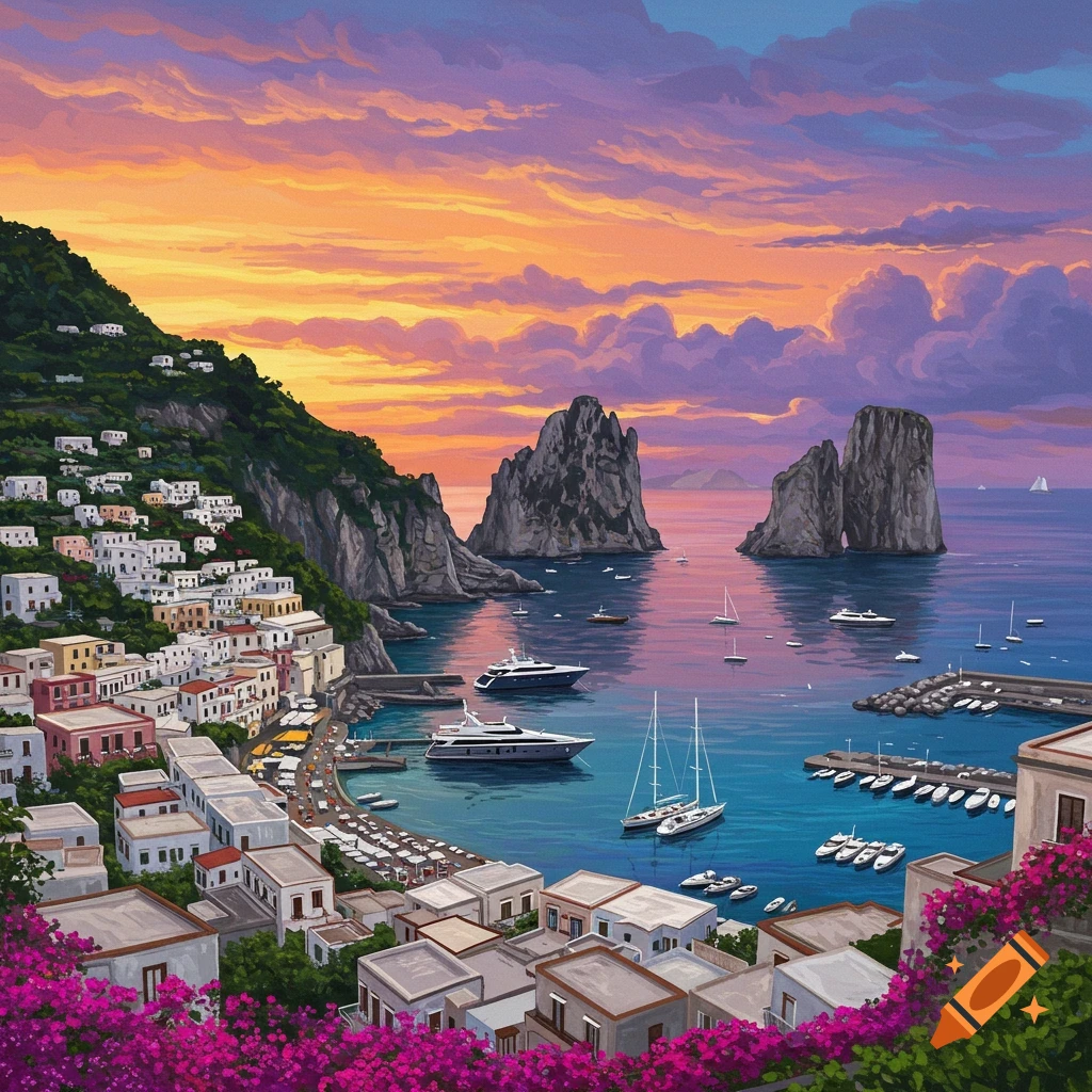 A view of Capri featuring white buildings on a hill, boats in a harbor, striking rock formations, and a vibrant sunset sky