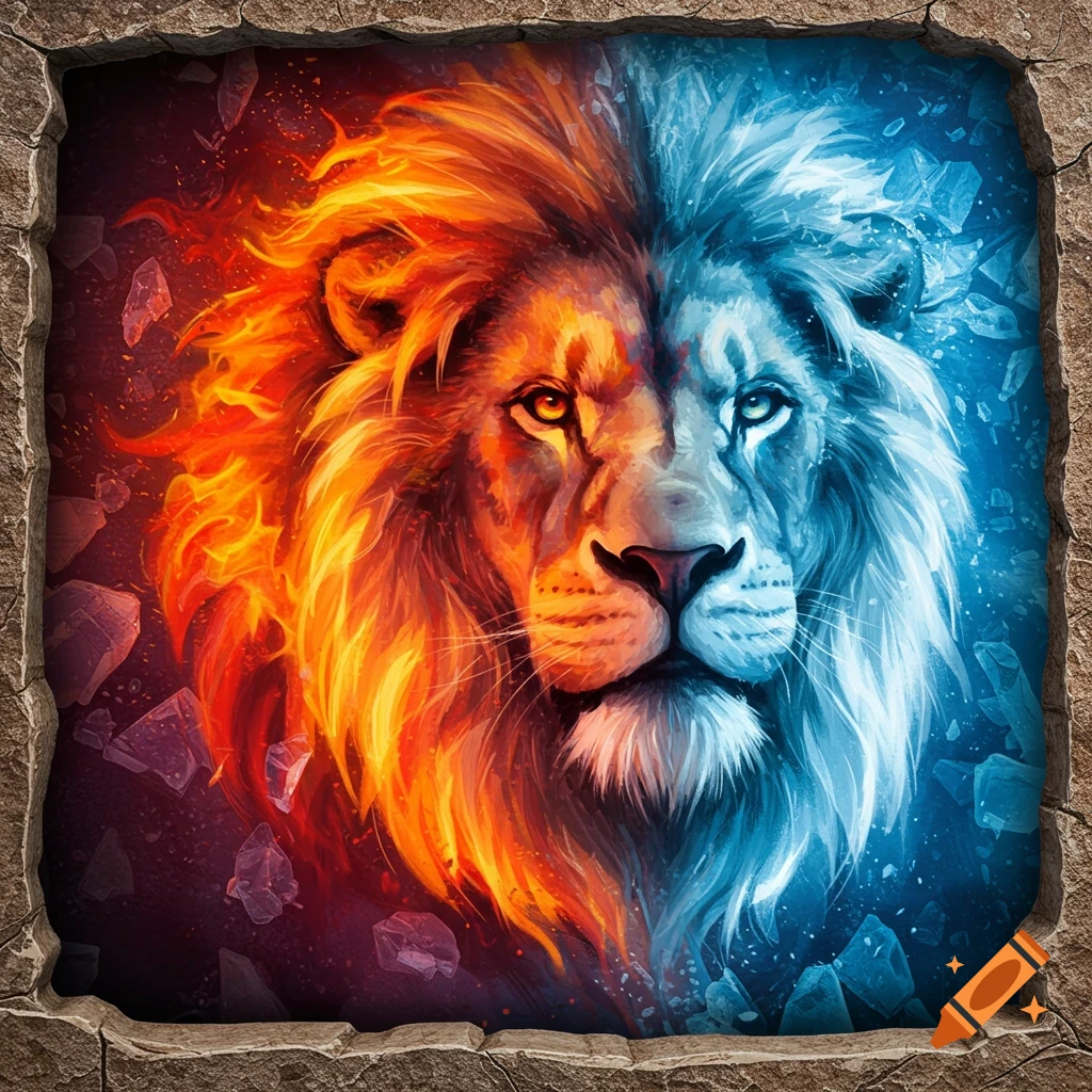 The head of a lion is split between fire and ice, framed by stone.