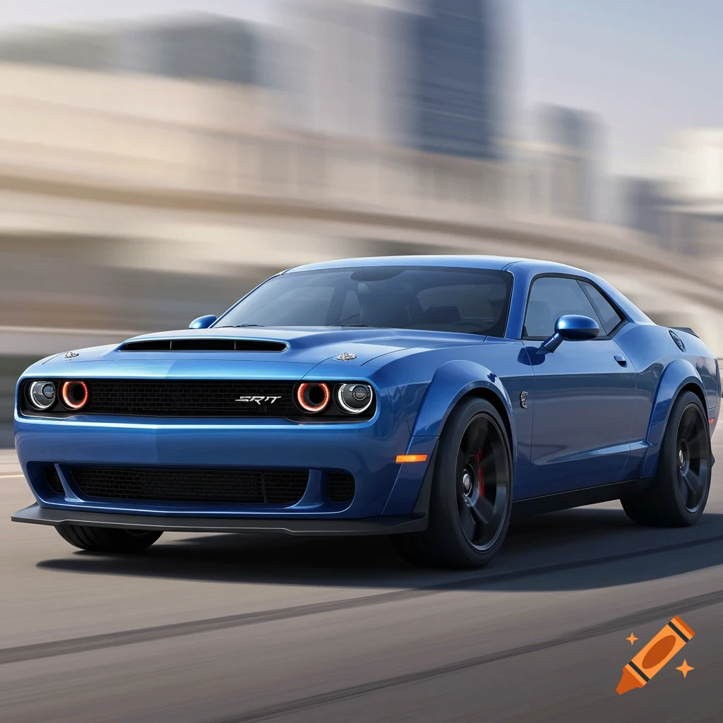A blue Dodge Challenger driving on a road with a blurred cityscape.