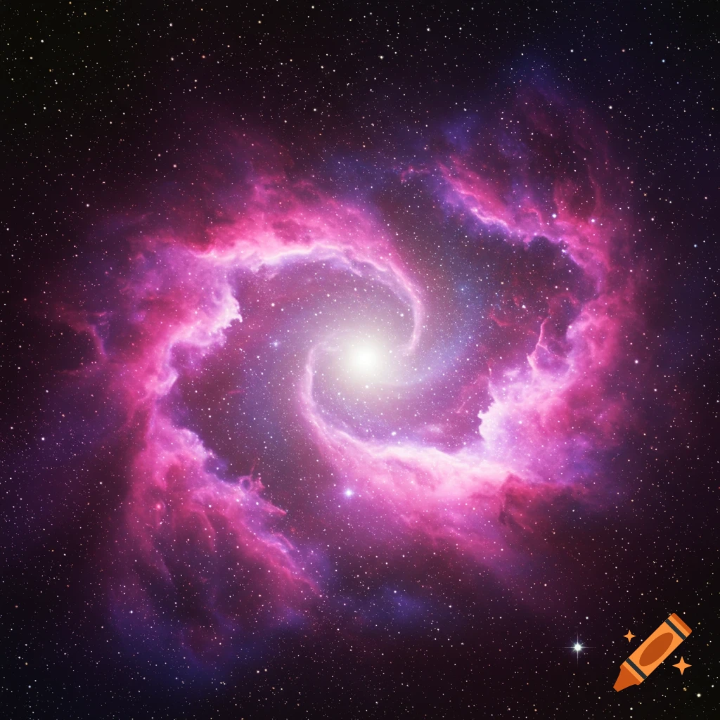 A swirling pink and purple galaxy in space.
