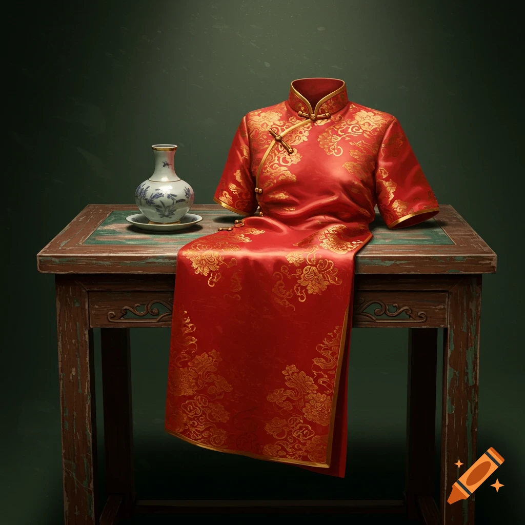 A red cheongsam with gold patterns is draped over an old wooden table with a vase