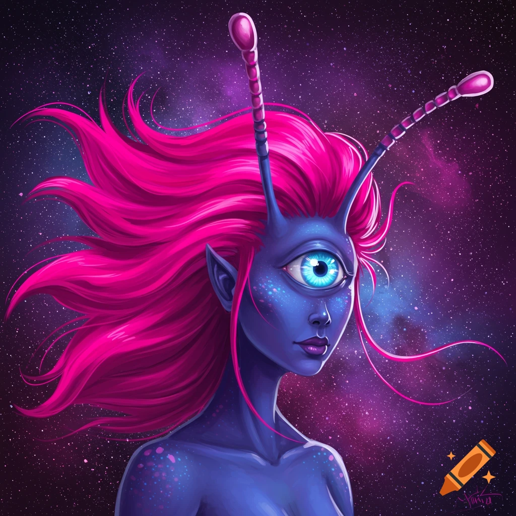 A purple, one-eyed alien with pink hair and antennae against a starfield.