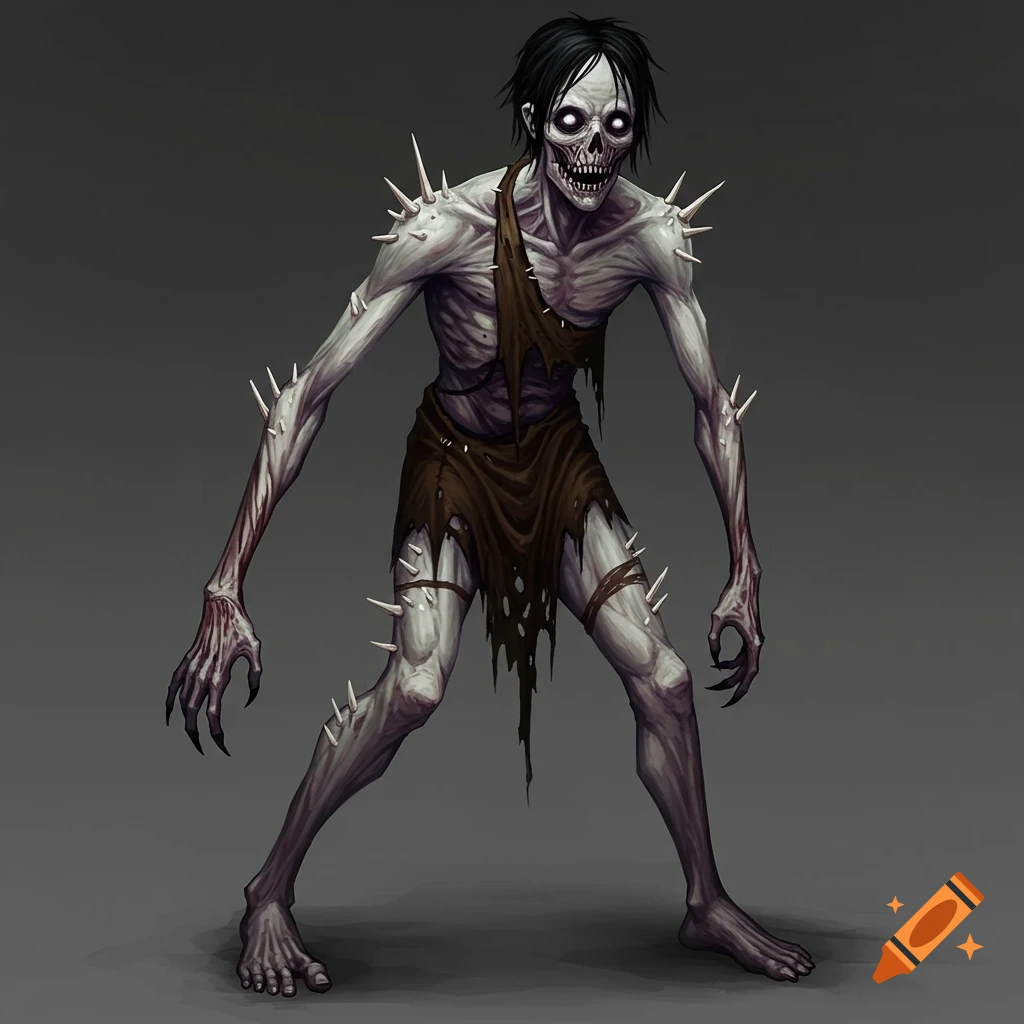 A gaunt, pale, zombie-like creature with spikes, torn clothes, and glowing eyes.