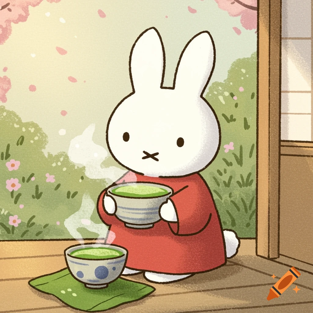 Illustration of Miffy the bunny holding a cup of matcha tea in a Japanese garden.
