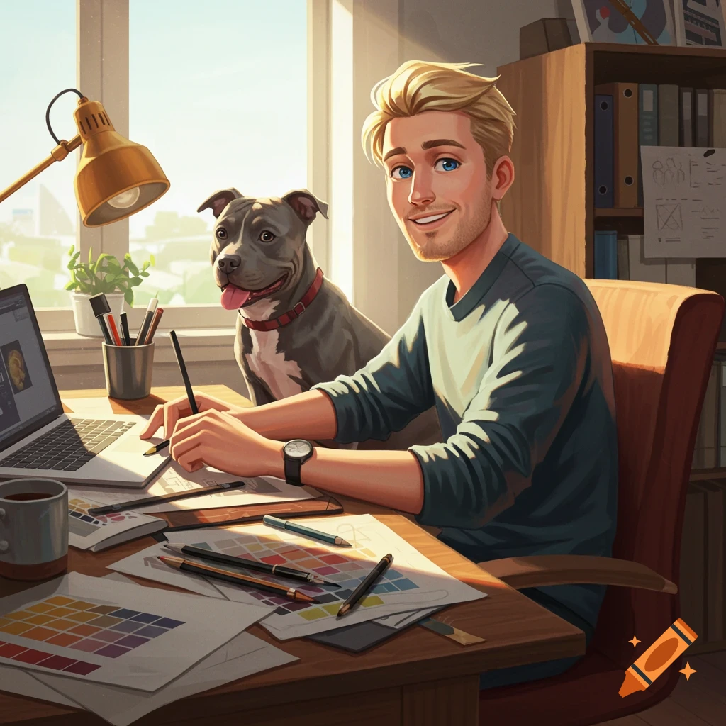 A blond man and a grey pitbull dog are at a desk with design materials.
