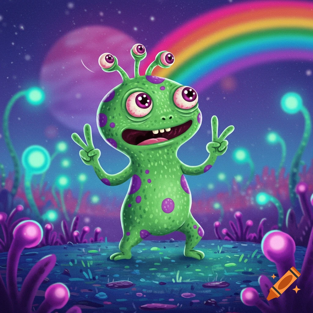 A green cartoon alien with spots and multiple eyes makes a peace sign in a colorful space landscape with glowing plants and a rainbow.