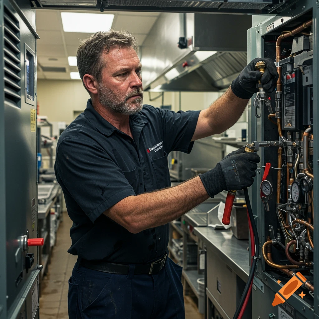 A technician in gloves works on complex mechanical equipment in a commercial kitchen.