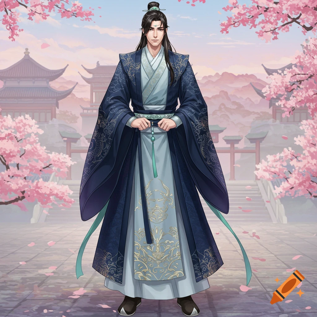 An anime-style male character wearing ancient Chinese hanfu stands among cherry blossoms.