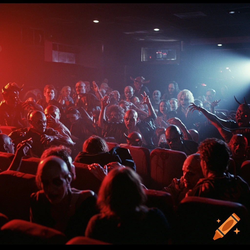 Demons and monstrous creatures in a dark, red-lit cinema audience.