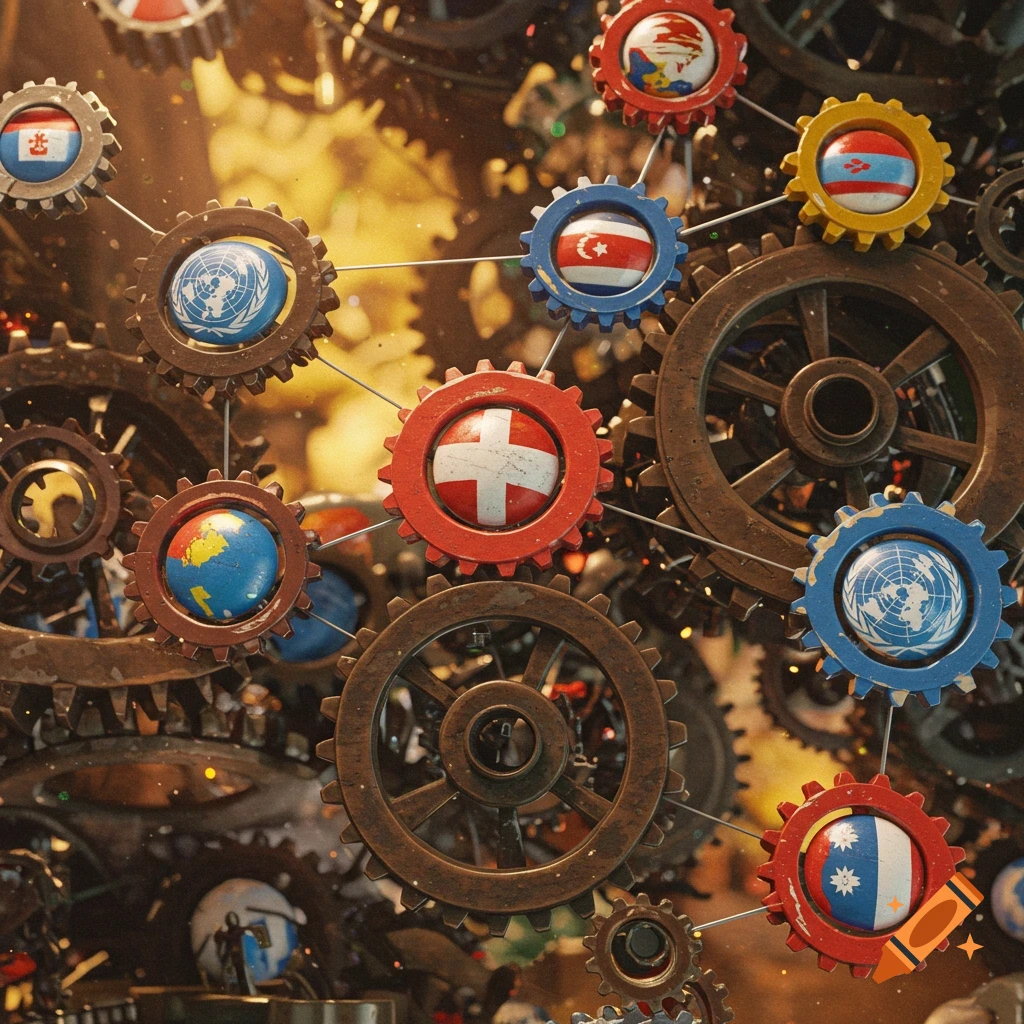 Interlocking gears with spheres representing the Earth, UN, and national flags