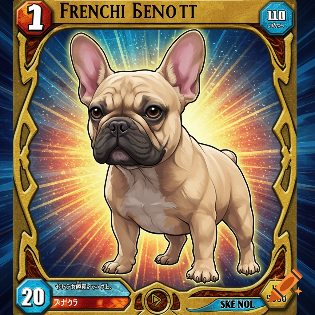 Anime style trading card featuring a French Bulldog.