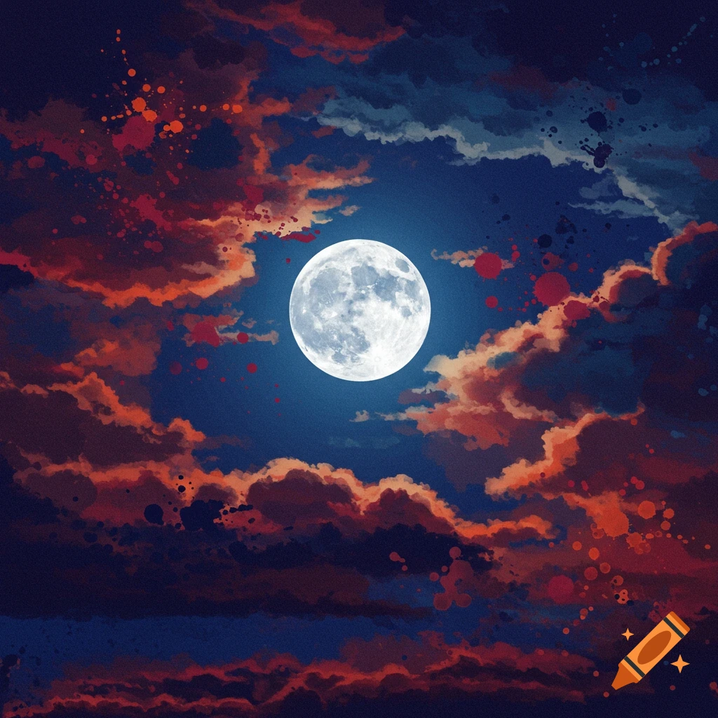 A full moon in a dark blue sky with orange and red paint-splattered clouds.