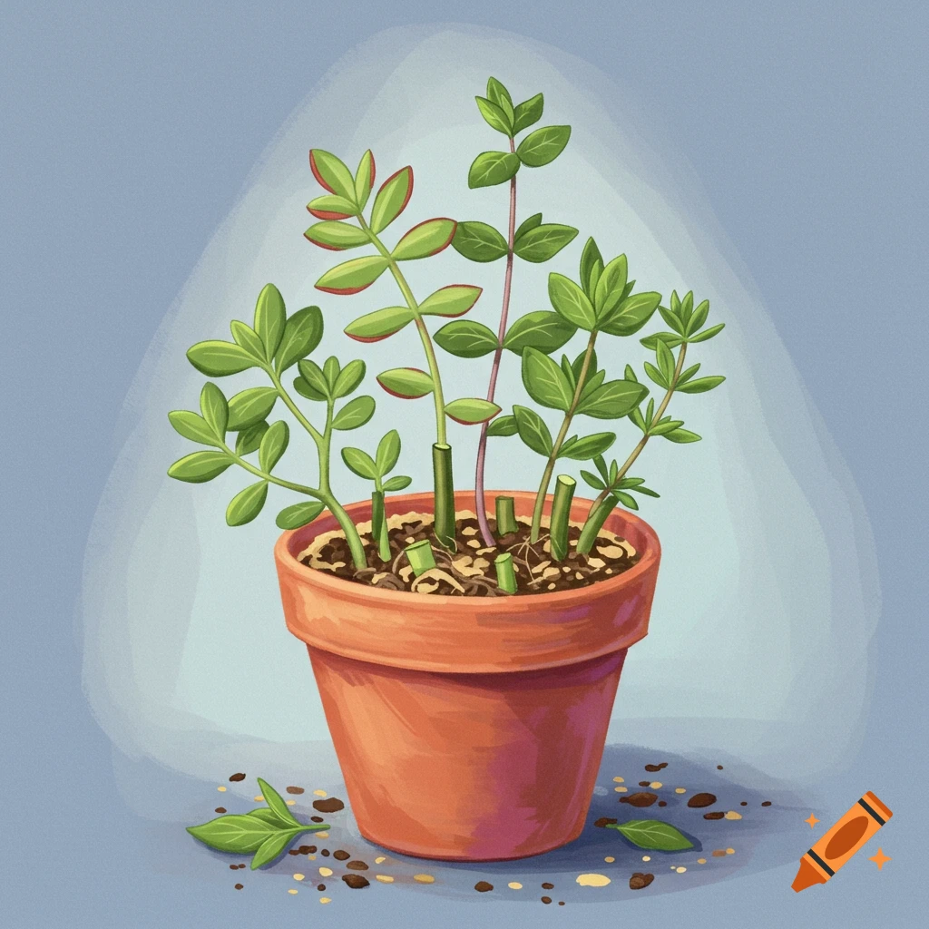 Green plant cuttings in a terracotta pot.