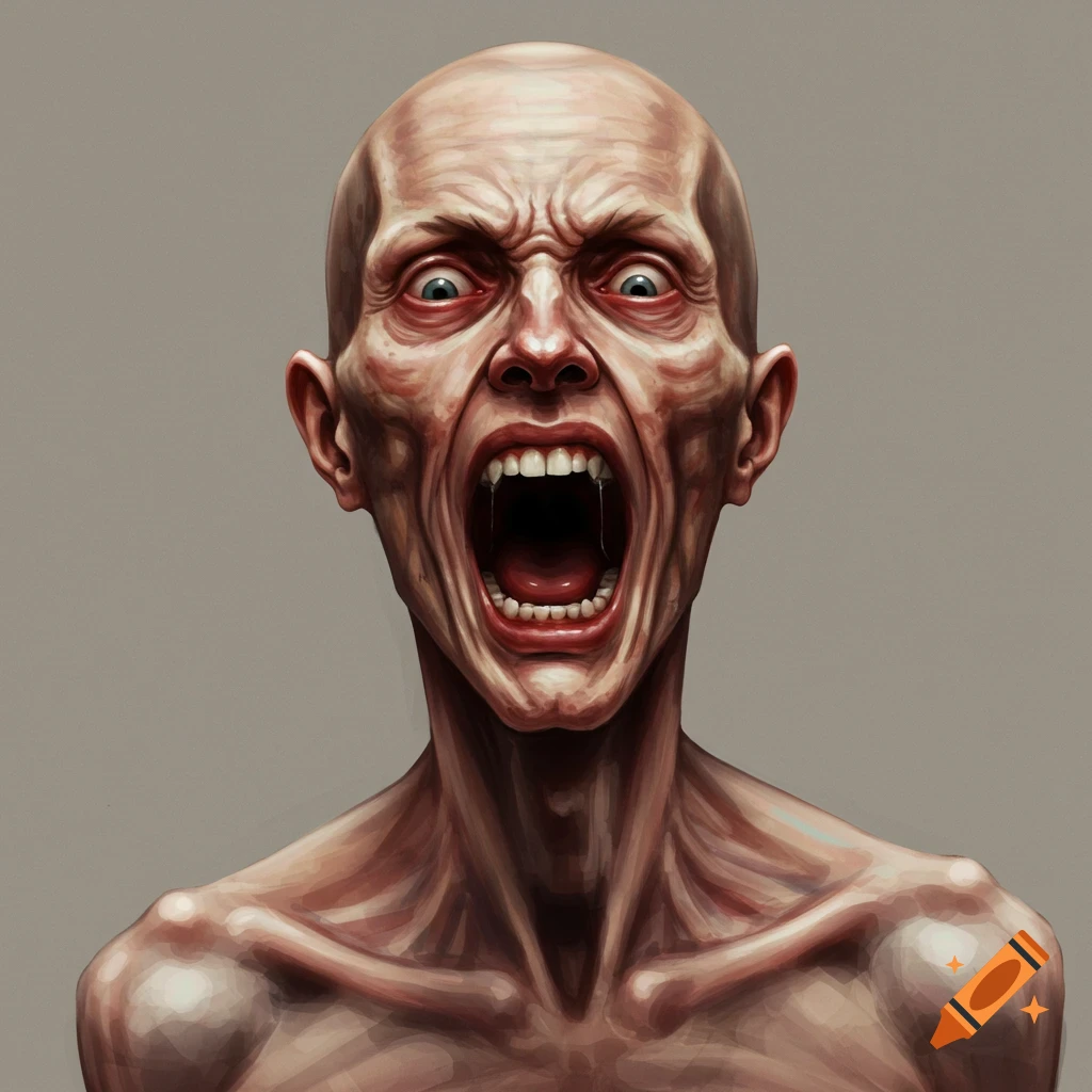 A bald, emaciated man screaming with mouth wide open.