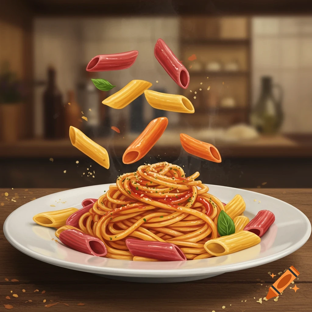 A plate of spaghetti with sauce and falling penne pasta