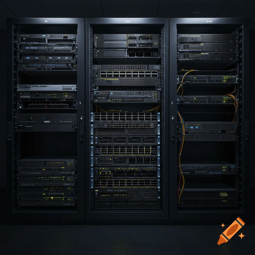 Front view of enterprise server racks with equipment in a dark room.