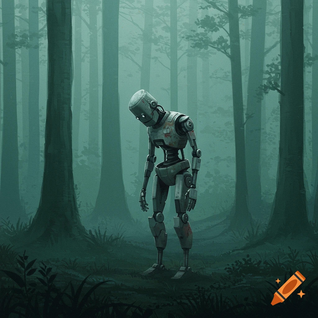 A sad robot stands in a foggy forest.