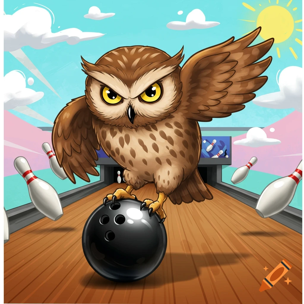 Angry owl standing on a bowling ball bowling.