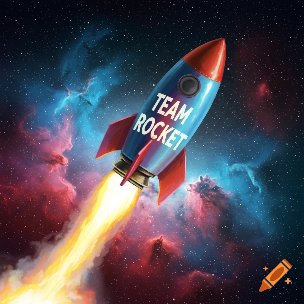 A red and blue rocket with 'TEAM ROCKET' written on it flies through a colorful nebula in space.