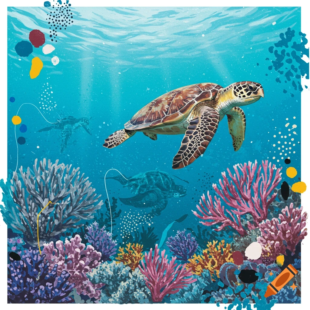 A sea turtle swims over a coral reef in an abstract underwater scene.