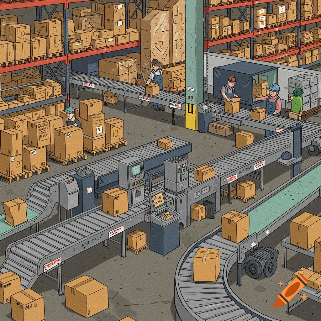 A busy warehouse scene with workers, conveyor belts, racks of boxes, and shipping operations.