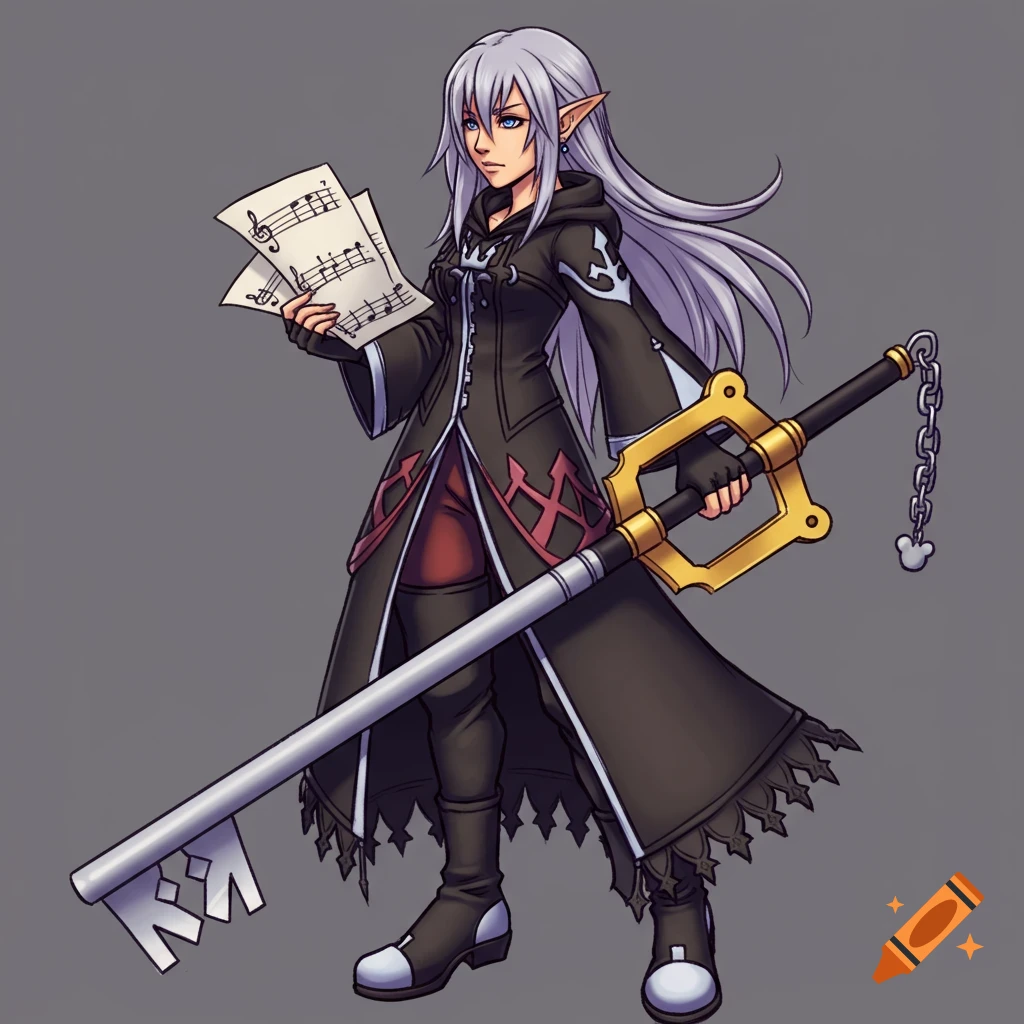 Anime-style character in a black cloak holding music sheets and a large keyblade.