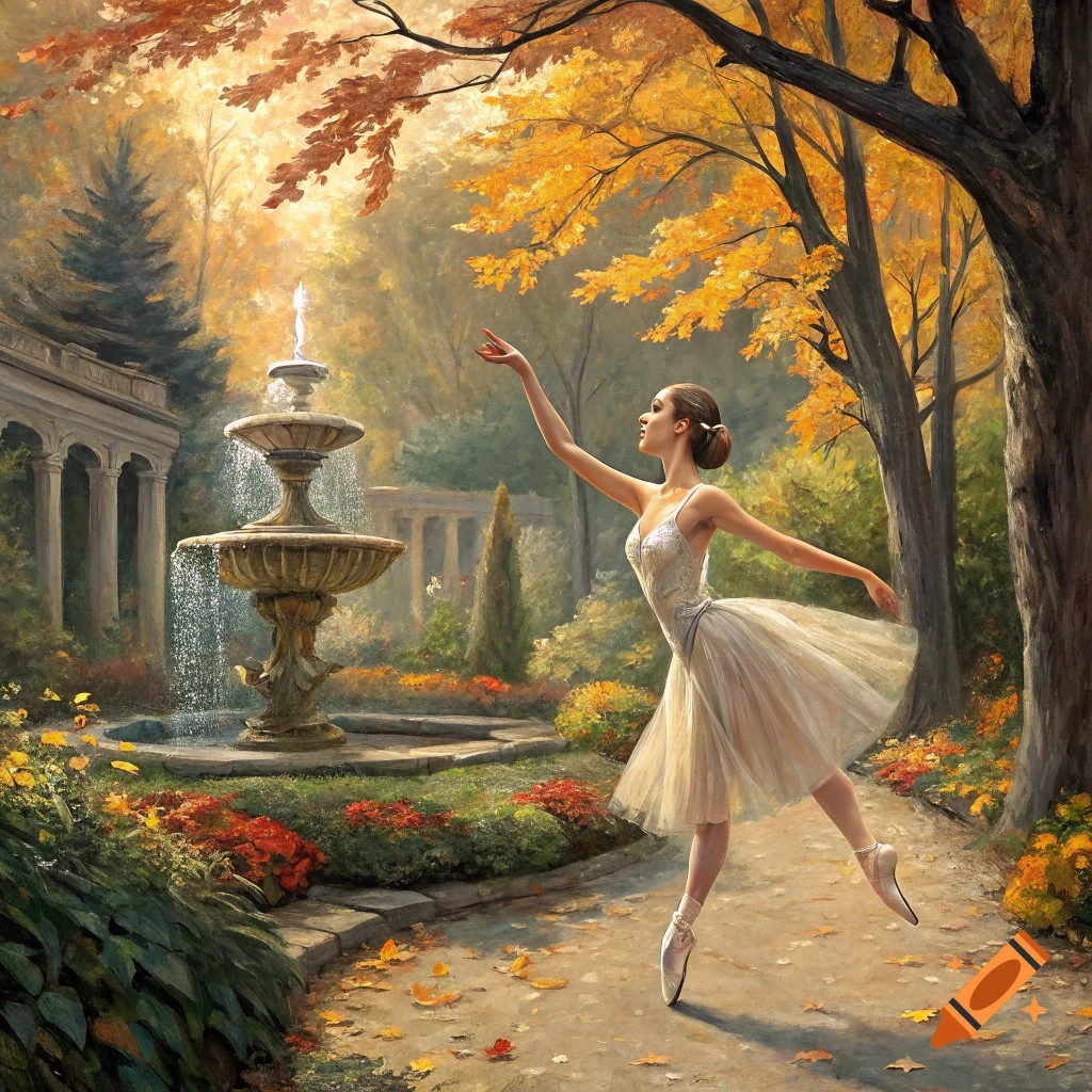 A ballerina dances en pointe in a golden autumn garden by a large fountain, in a painterly style.