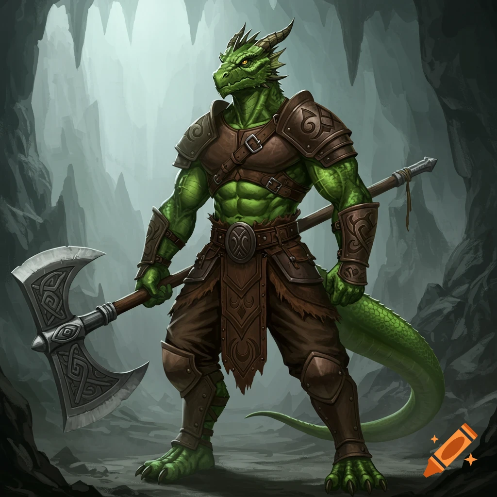 A green Dragonborn barbarian in leather armor holding a greataxe in a cave.