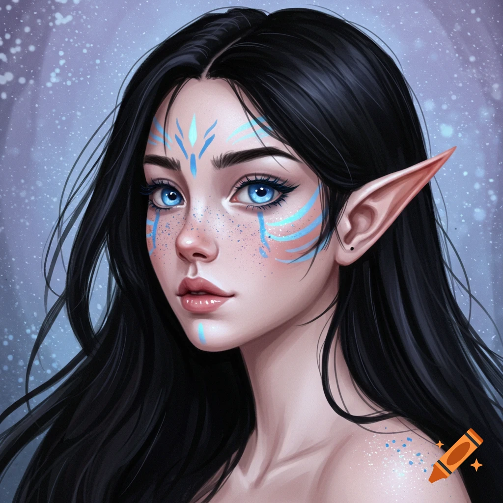 An elven girl with blue eyes, long black hair, and blue face markings