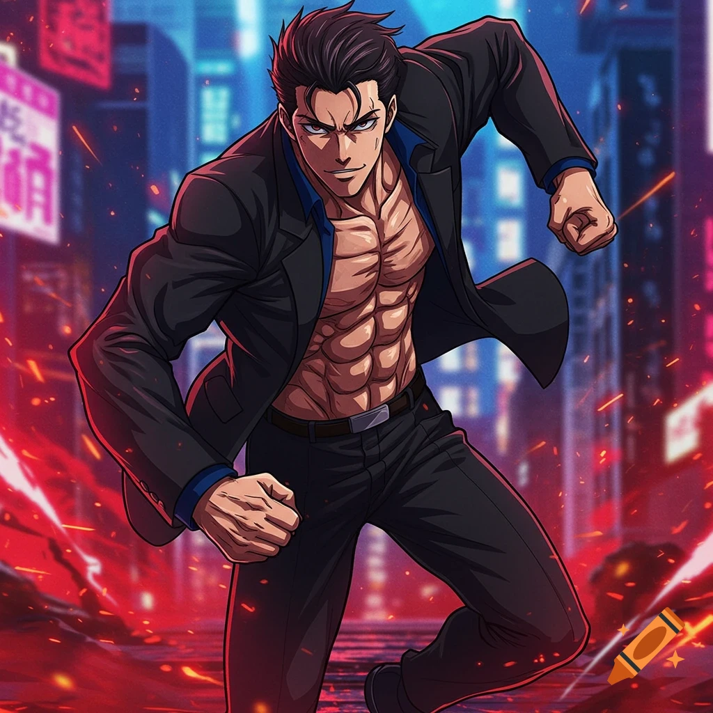 Buff anime man in a suit jacket runs through a city street at night.