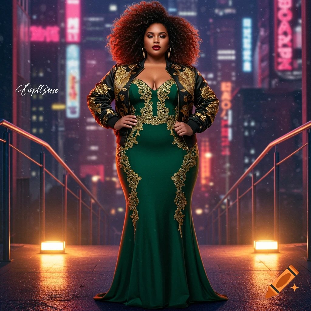 A plus-size woman in an emerald dress and black bomber jacket stands in a city.